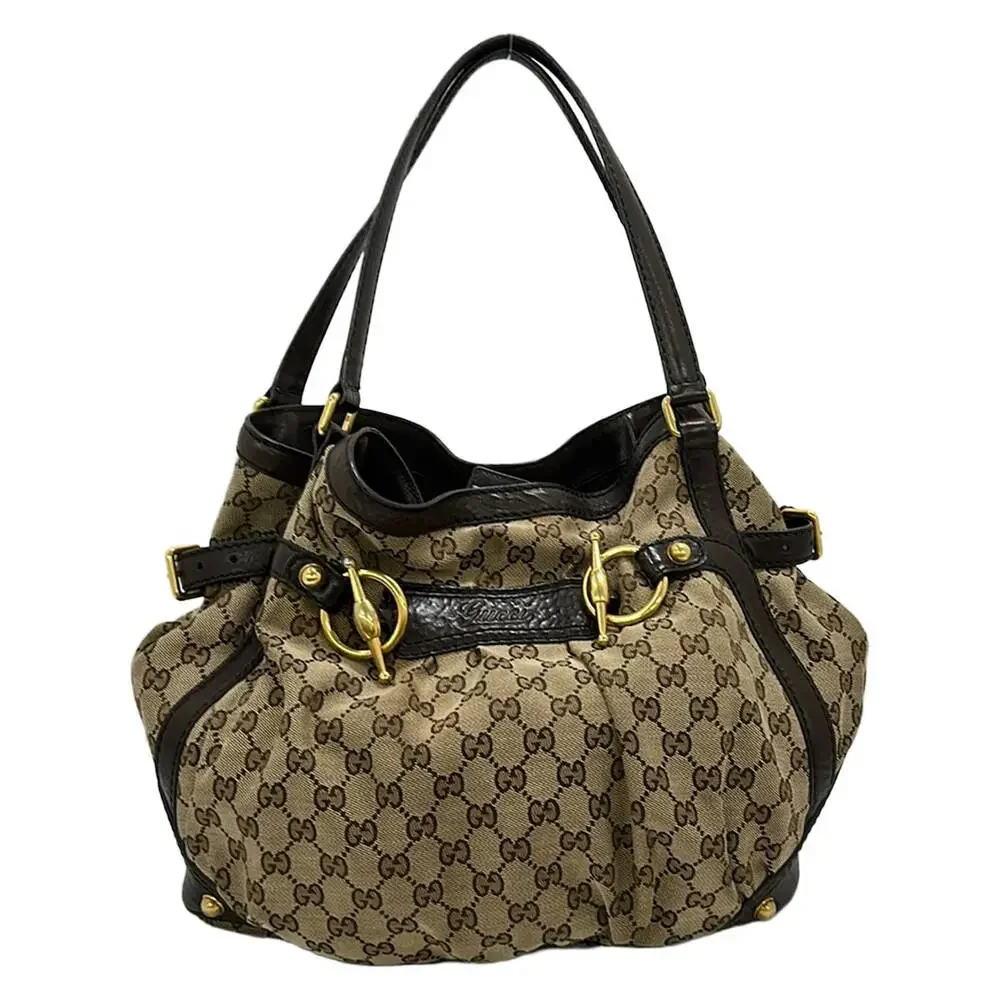 Gucci Jockey Hobo Tote Bag 203546 Beige Dark Brown Jacquard Leather